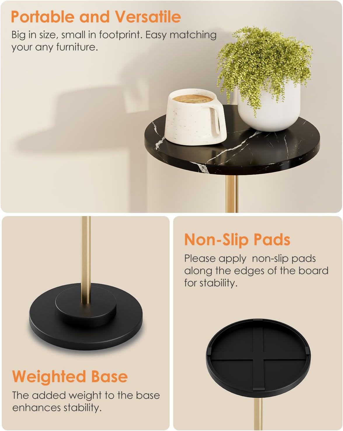 Round Side Table, Small Drink Table for Small Spaces, Modern Accent End Table with Metal Leg for Living Room, Bedroom, Corners, and Office (Black Marble)