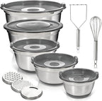 WHYSKO Stainless Steel Mixing Bowls with Lids Set - 5 Rustproof Metal Nesting Mixing Bowls for Kitchen, Meal Prep, Baking, Cooking, Storage - Includes 3 Grater Attachments, Dishwasher Safe