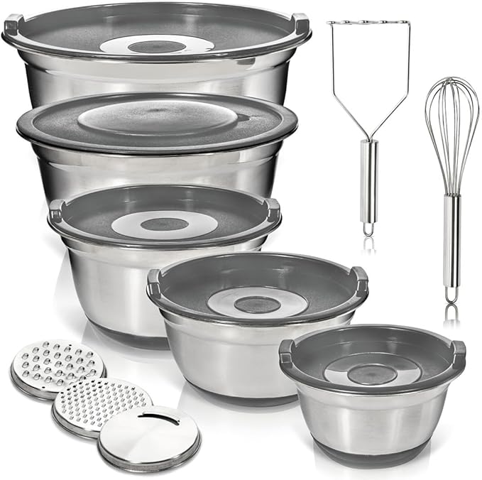 WHYSKO Stainless Steel Mixing Bowls with Lids Set - 5 Rustproof Metal Nesting Mixing Bowls for Kitchen, Meal Prep, Baking, Cooking, Storage - Includes 3 Grater Attachments, Dishwasher Safe