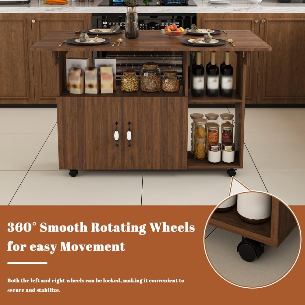 Folding Dining Table with Wheels, Drop Leaf Dinner Table with 2-Layer Storage, Space Saving Table for Small Spaces, Kitchen, Dining Room (Walnut)