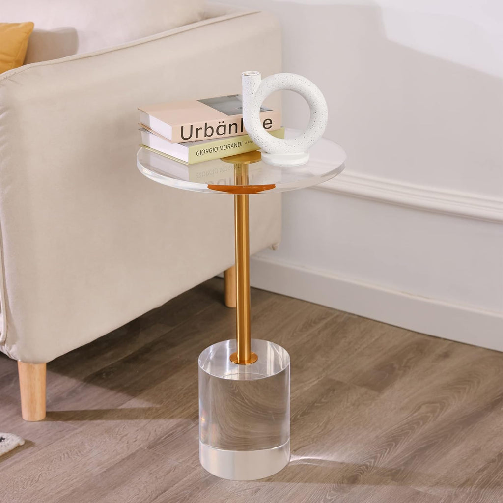 Acrylic Side Table, Acrylic End Table, Clear Round Side Table/Modern Drink Table with Brushed Brass Metal Support for Small Space/Office/Living Room, Nightstand for Bedroom (2pcs)