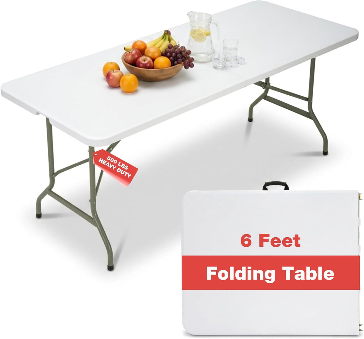 Folding Table 6ft, Heavy-Duty 500lbs Weight Capacity Foldable Table with HDPE Top & Steel Legs, Portable 6 Foot Picnic Table for Indoor Outdoor Parties, Camping, Event