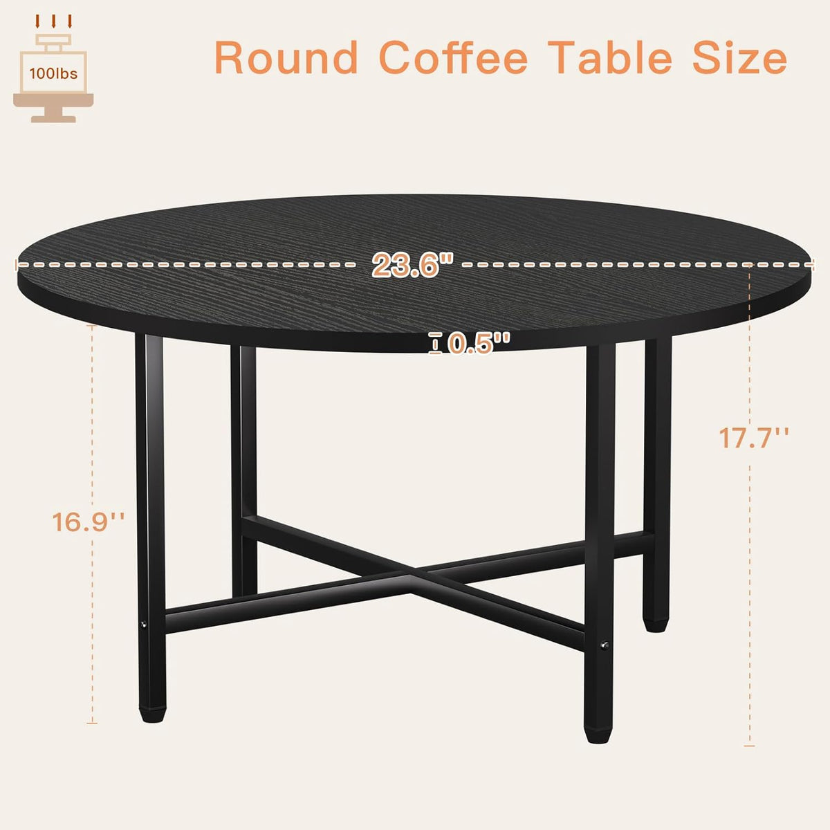 FAMIDGE Coffee Table, 23.6" Coffee Tables for Living Room, Round Coffee Table with Metal Frame, Floor Table for Sitting on The Floor, Home, Office, Black