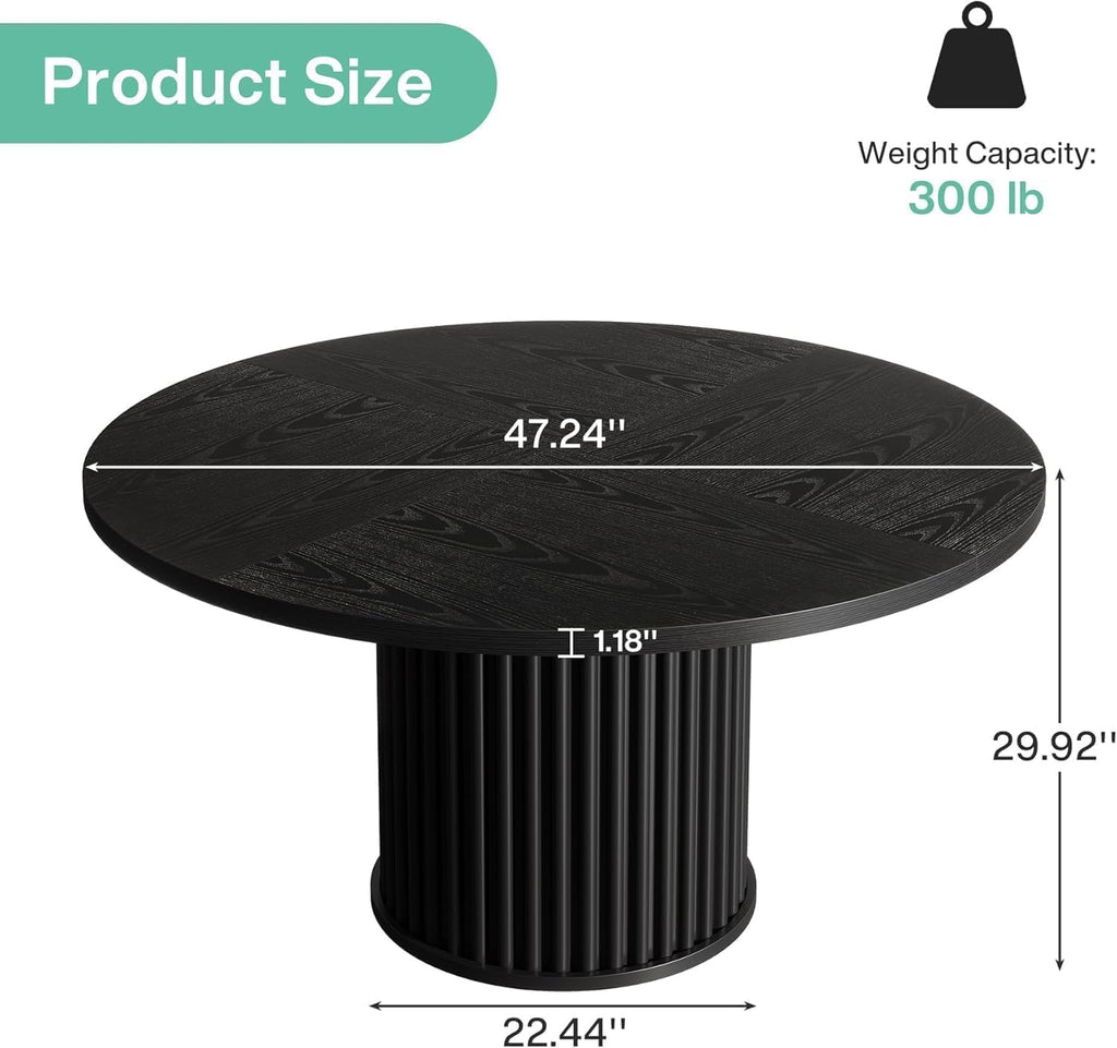 Tribesigns 47.24" Black Round Dining Table for 4-6 People | Modern Fluted MDF + Metal Base Kitchen Table, Sturdy Circle Dining Room Furniture, Easy Assembly, Black