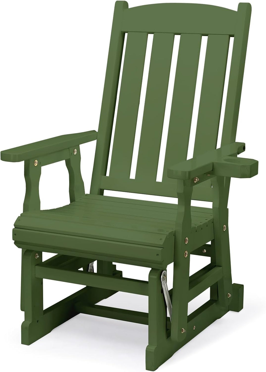 VINGLI Outdoor Glider Chair Wood Patio Glider with Cup Holder, Porch Glider with Smooth Rocking Mechanism, Heavy Duty 600 LBS, Dark Green