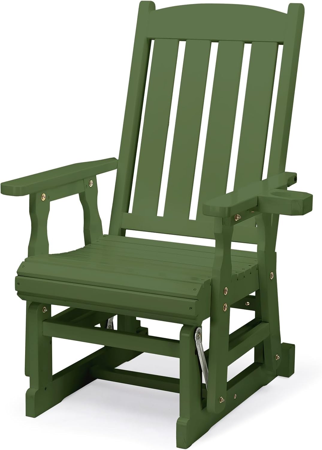 VINGLI Outdoor Glider Chair Wood Patio Glider with Cup Holder, Porch Glider with Smooth Rocking Mechanism, Heavy Duty 600 LBS, Dark Green