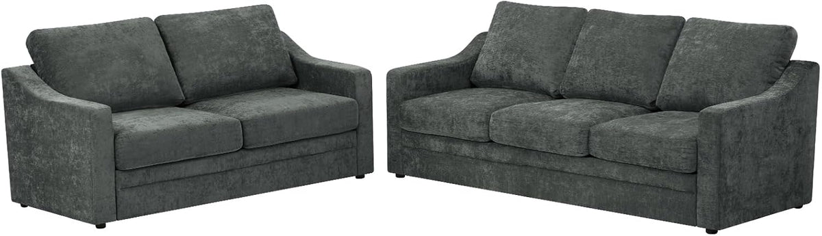 2 Pieces Chenille Sofa Set w/Soft Back Cushion, Grey | Modern 2 Seat & 3 Seats Couch Set w/Deep Seat Space, Upholstered Love Seat & Sofa w/High Density Foam for Living Room
