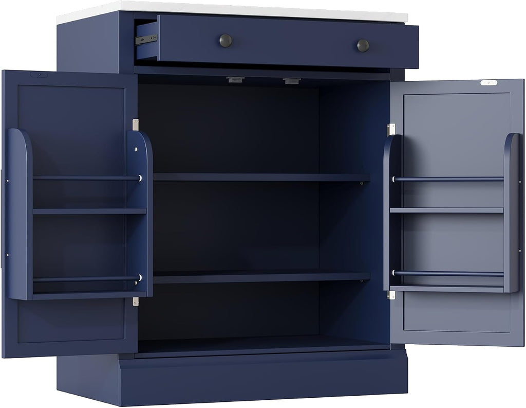 Merax Kitchen Pantry Storage Cabinet Freestanding Cupboard with Darwer, 2 Adjustable Shelves and 2 Door Shelves Coffee Bar Cabinet for Kitchen, Dining, Living Room, Blue x 2