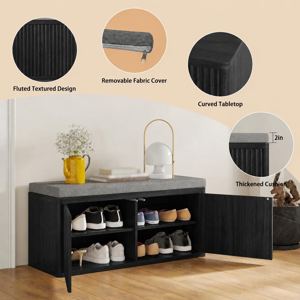 Entryway Shoe Storage Bench with 2" Cushion, 37.4" Small Bench with Shoe Rack, Cabinet Organizer for Hallway, Bedroom End of Bed (Black)