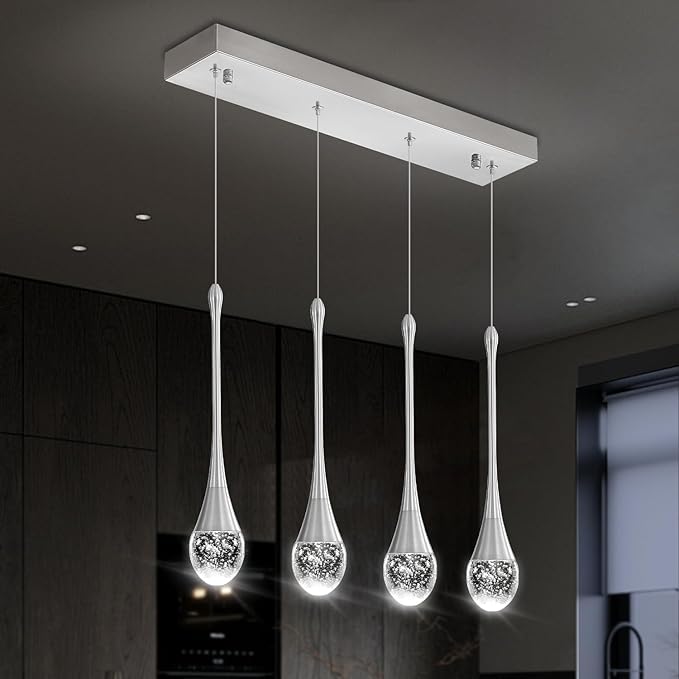 Dining Room Light Fixture 4-Light Silver Kitchen Island Lighting Industrial Linear Crystal Chandeliers for Dining Room Pendant Light Fixture for Living Room Hallway Bedroom