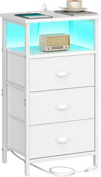 sthmec Nightstand with Charging Station,LED White Nightstand with 3 Fabric Drawers PU Finish, Bedside End Tables, 2-Tier Open Storage Shelf Side Table Nightstand with Drawers for Bedroom,White