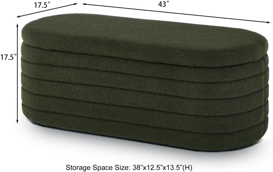 Modern Oval Storage Ottoman Bench, Upholstered Boucle Teddy Fabric End of Bed Bench with Storage, End of Bed Stool with Safety Hinge for Bedroom, Living Room, Entryway, Dark Green