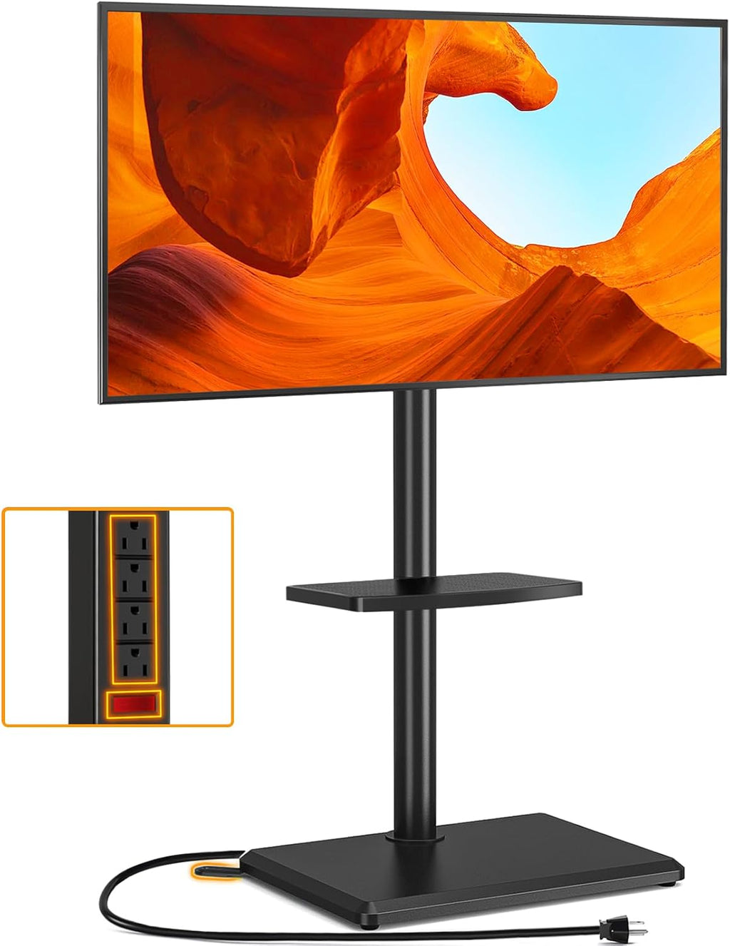 TVON Floor TV Stand with Power Outlet for 32-65 inch TVs up to 88 lbs | Swivel TV Mount Stand with Height Adjustment and Safety Wood Base for Bedroom, Office, Corner, Max VESA 400x400mm, Black