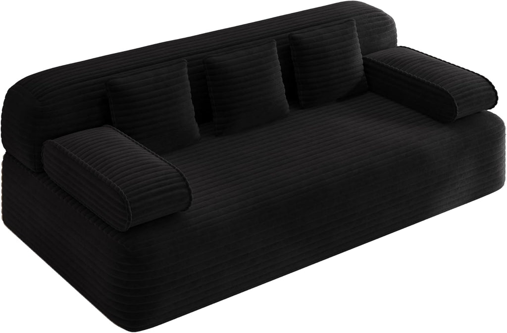 78.7'' Couches Queen, Corduroy Futon Sofa Bed, Modern Floor Couch, Cloud Convertible Sleeper Sofa Daybed, Comfy Loveseat, 3 Pillows, for Small Spaces, Living Room, Apartment, Black