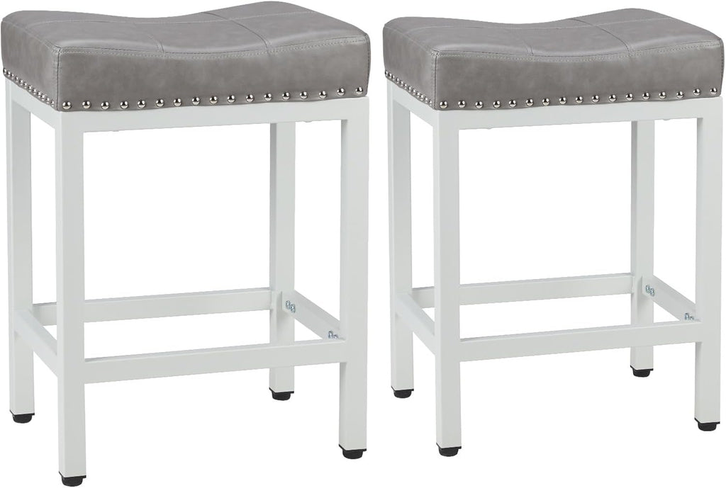 Sweetcrispy 24 Inch Bar Stools Set of 2, PU Leather Counter Height Stools | Upholstered Modern Saddle Barstools with Metal Base and Footrest for Home Bar, Small Apartment, Grey