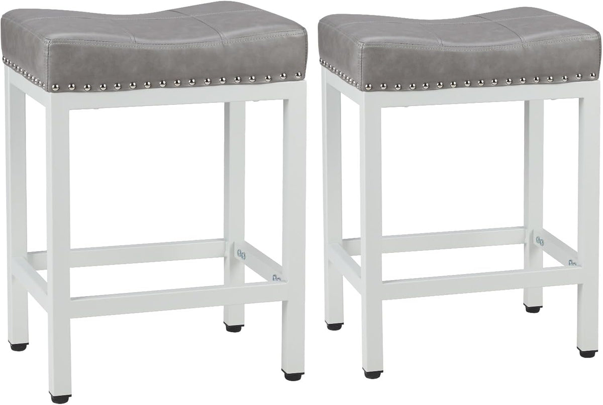 Sweetcrispy 24 Inch Bar Stools Set of 2, PU Leather Counter Height Stools | Upholstered Modern Saddle Barstools with Metal Base and Footrest for Home Bar, Small Apartment, Grey