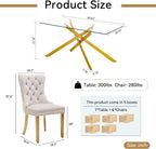 60" Modern Gold Glass Dining Room Table Set for 6, 7-Piece Rectangle Kitchen Dining Table Set with Cross Chrome Metal Legs & 6 Beige Velvet Upholstered Chairs, Kitchen Table and Chairs Set