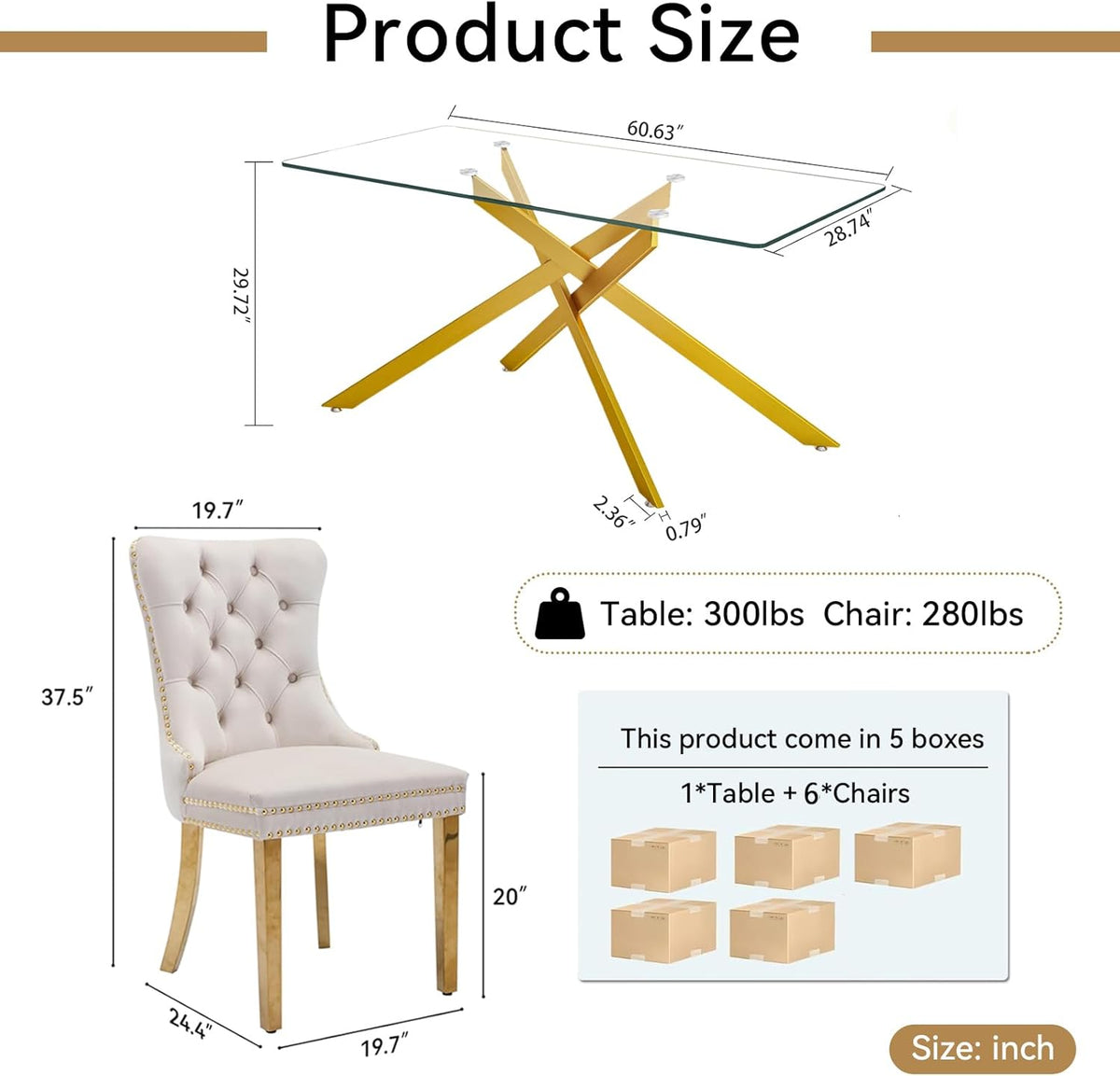 SSLine 61" Glass Dining Table Set for 6,Modern 7 Pieces Kitchen Table and Chairs Set w/Gold Tempered Glass Tabletop and 6 Velvet Chairs for Kitchen Apartment