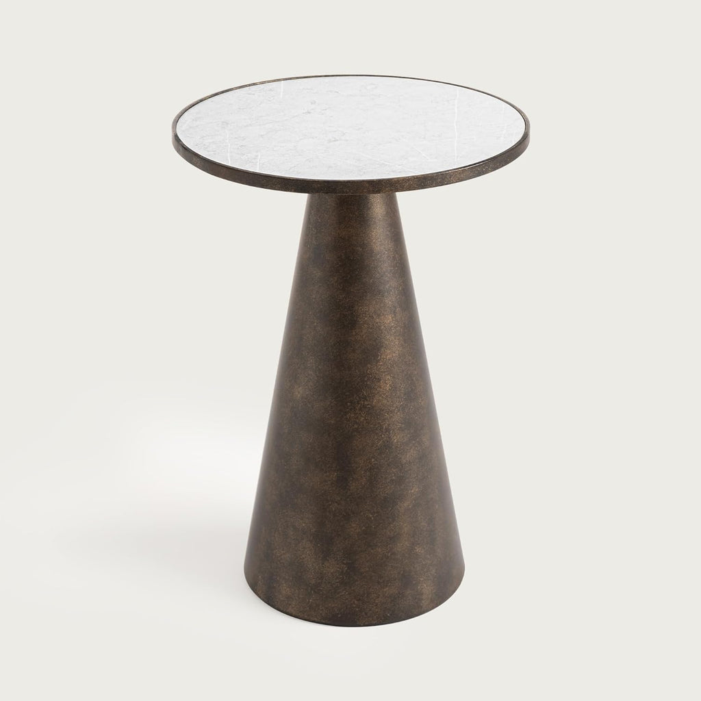 Hyfirm Black Brass Pedestal End Table with Faux White Marble Top, 16x16x23 Round Side Drink Table for Living Room, Vintage Industrial Metal Stand for Couch & Accent Chairs in Small Spaces