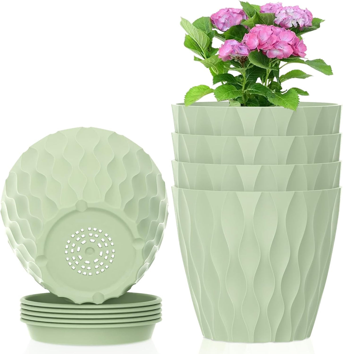 4 inch Small Plastic Nursery Pots, 5 Pack Water Ripples Plant Pots for Indoor Plants, Flower Pots with Drainage Holes and Saucers, Seeding Starter Planters for Decorative, Green