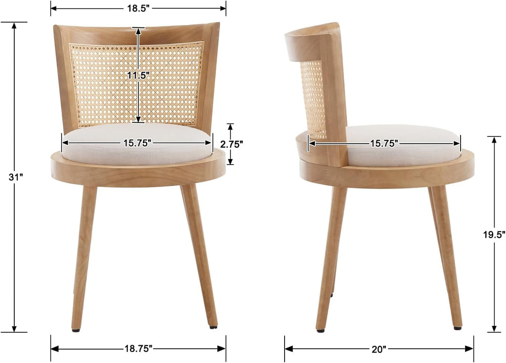 RIVOVA Modern Farmhouse Rattan Dining Chairs Set of 6 Natural Wood Kitchen Chairs Beige Upholstered Linen Dining Chairs Cane Country Dining Room Chairs