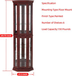 Lighted Corner Curio Cabinet, 69.75" Tall Corner Display Cabinet with Adjustable Tempered Glass Shelves, Mirrored Back, Lockable Door, Cherry Finish for Collectibles & China