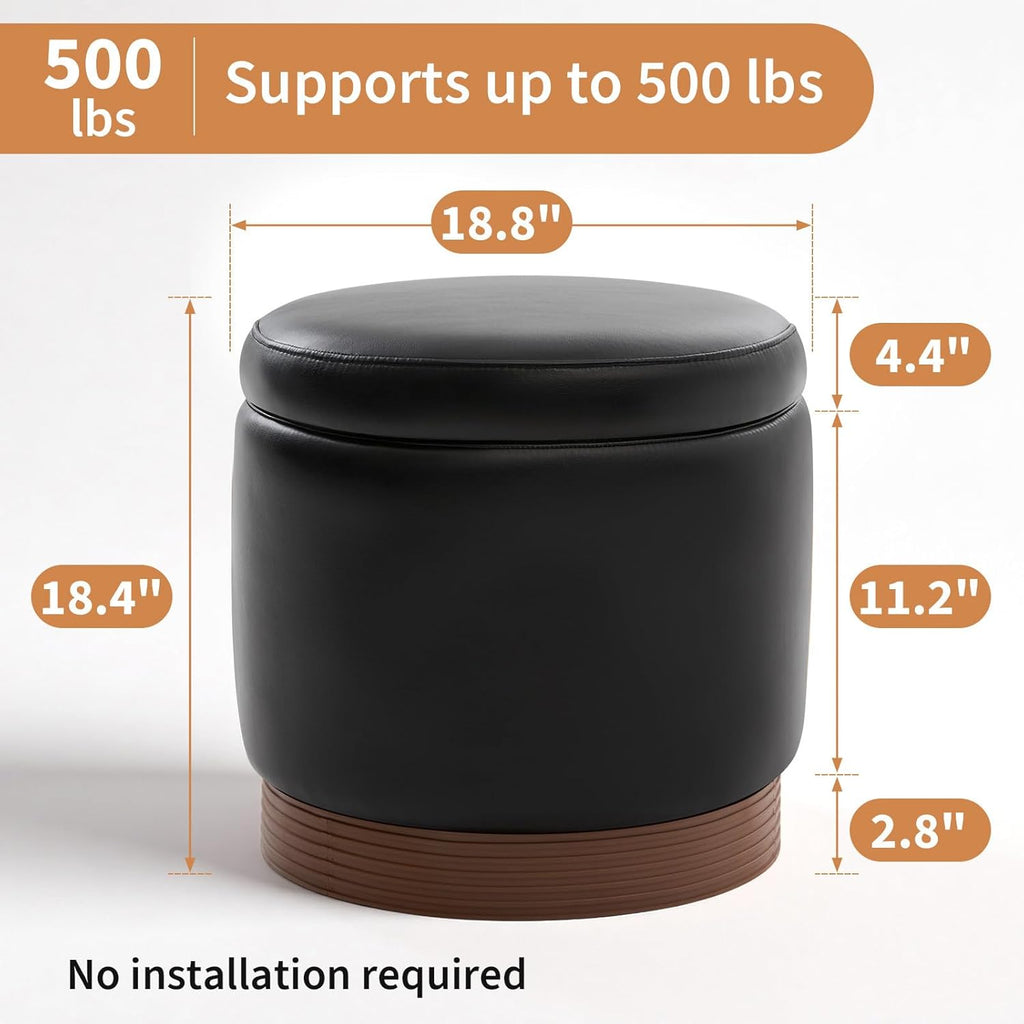 19" Round Swivel Storage Ottoman with Tray Top, Upholstered Faux Leather Foot Stool with Solid Acacia Wood Base 500 lbs Modern Accent Footrest for Living Room & Bedroom Fully Assembled Black