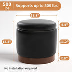 19" Round Swivel Storage Ottoman with Tray Top, Upholstered Faux Leather Foot Stool with Solid Acacia Wood Base 500 lbs Modern Accent Footrest for Living Room & Bedroom Fully Assembled Black