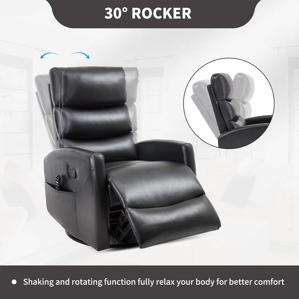 Rocker Recliner Chairs, 360° Swivel Rocking Recliner Chair for Adults,Glider Rocker Recliners, Small Recliners with Vibration Massage and Heat for Living Room (Black)