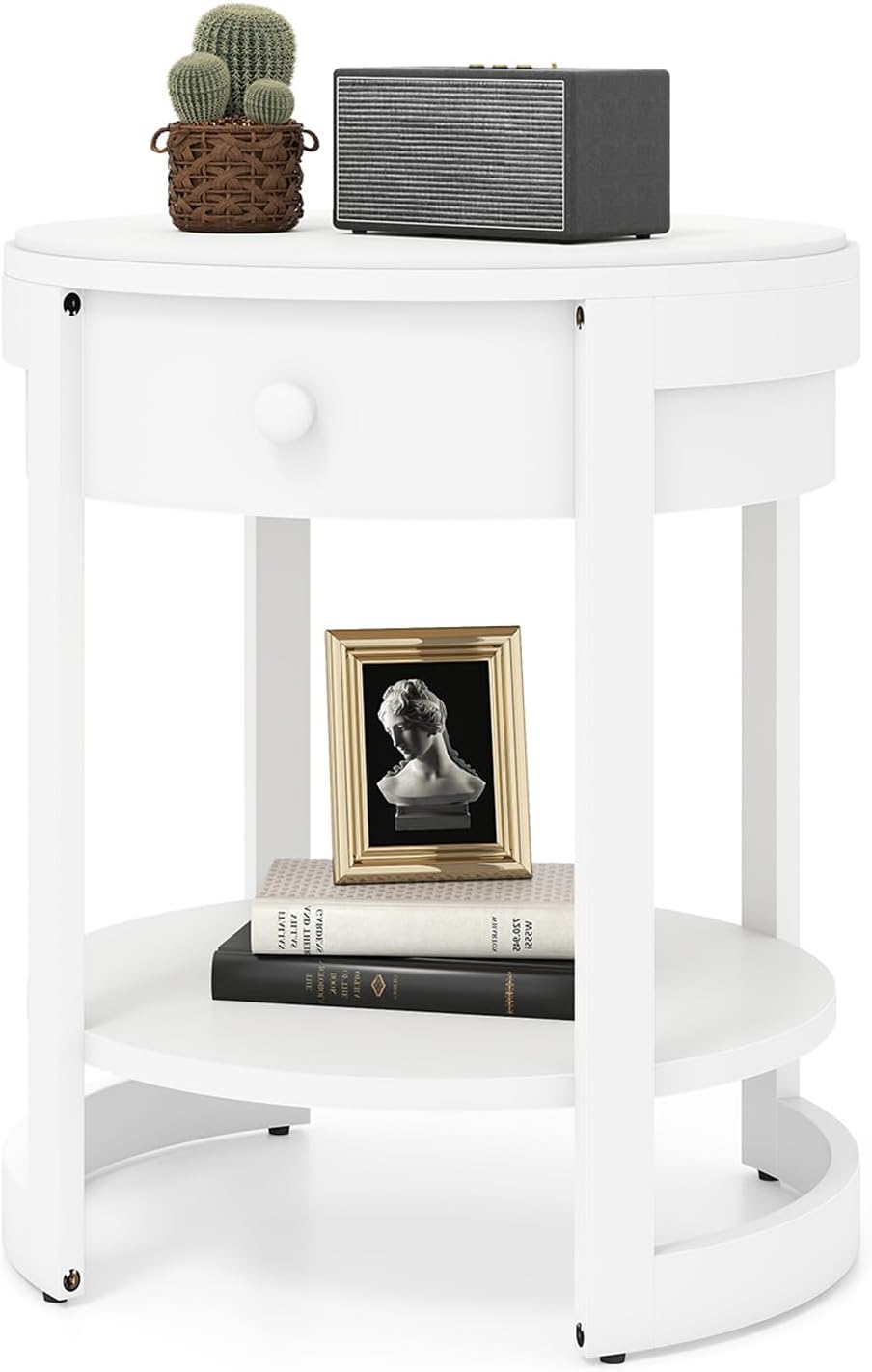 GOFLAME Round Side Table with Drawer, Retro 2-Tier Nightstand with Shelf & Wood Grains, Vintage Wooden Accent Table, Mid-Century Modern End Tables for Living Room, Bedroom, White