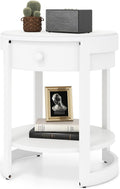 GOFLAME Round Side Table with Drawer, Retro 2-Tier Nightstand with Shelf & Wood Grains, Vintage Wooden Accent Table, Mid-Century Modern End Tables for Living Room, Bedroom, White