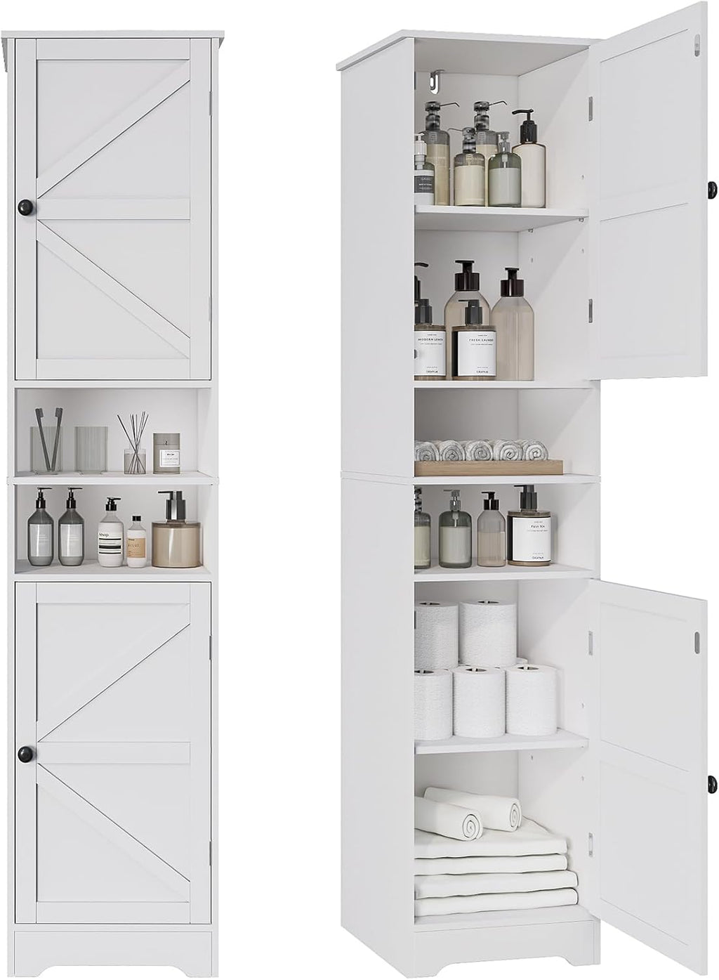 Viaozutis Tall Bathroom Storage Cabinet, Slim Freestanding Cabinet with Adjustable Shelves, Vertical Storage Organizer for Small Bathrooms, Toilet Paper & Daily Essentials Storage（White）