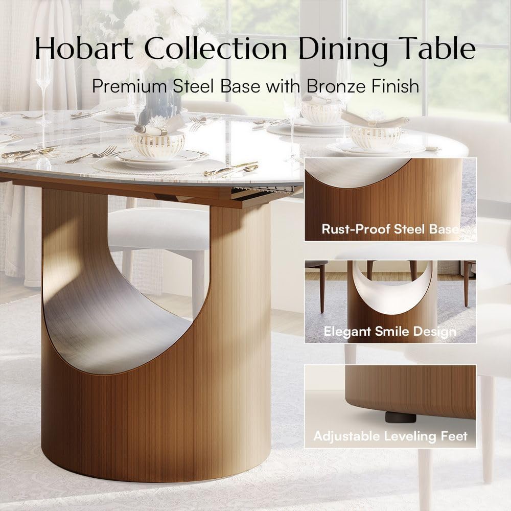 POVISON Modern Extendable Dining Table for 4-6, 47" to 63" Round to Oval Sintered Stone Kitchen Table with Carbon Steel Base, Mid-Century Dinner Tables for Dining Room, Glossy White（Table Only）