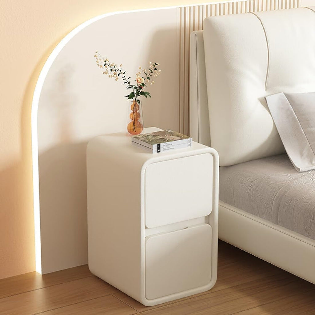 Modern Bedside Table, Minimalist Nightstand Small Narrow Side Table with 2 Drawers for Bedroom Living Room Small Space White
