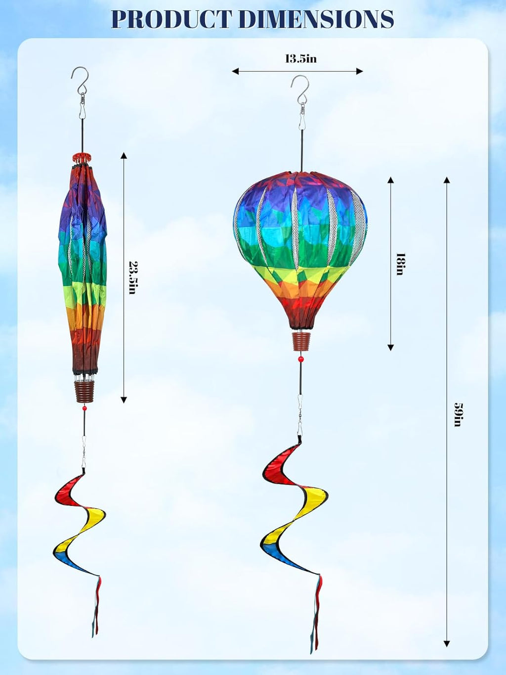 2PCS Giant Rainbow Hot Air Balloon Wind Spinners 14" W x 59" H Large Multicolor Whirligig Wind Spinner Hanging Ornaments for Yard Garden Lawn Outdoor Decorations