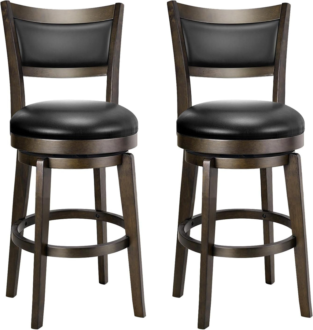 PrimeZone Swivel Bar Stools Set of 2, 24 Inch Counter Height Barstools | Black Faux Leather, High Backrest, Solid Rubberwood Frame, Wrap-around Footrest, Counter Stools for Kitchen Island, Pub