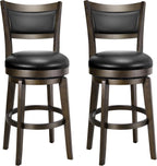PrimeZone Swivel Bar Stools Set of 2, 24 Inch Counter Height Barstools | Black Faux Leather, High Backrest, Solid Rubberwood Frame, Wrap-around Footrest, Counter Stools for Kitchen Island, Pub
