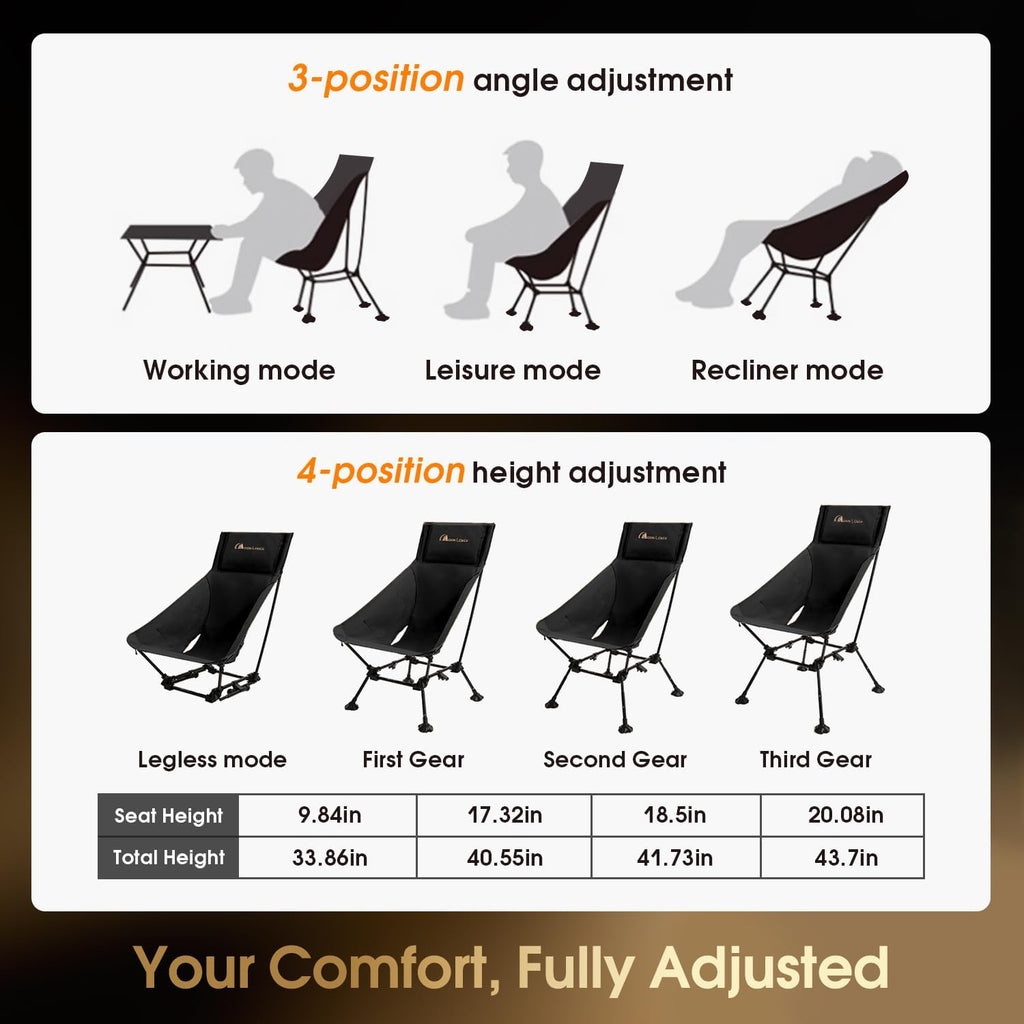 MOON LENCE Oversized High Back Camping Chair for Adults, Height Adjustable Folding Camp Chair | 400 lbs Capacity & 5.4 lbs Weight, Hidden Pillow Pocket Wide Seat for Camping Fishing Overlanding, Black