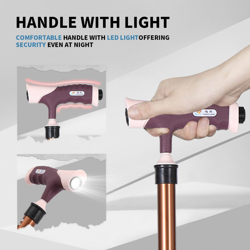 Folding Stool with LED Light, Adjustable Walking Cane Seat, Portable Tripod Chair with Handle