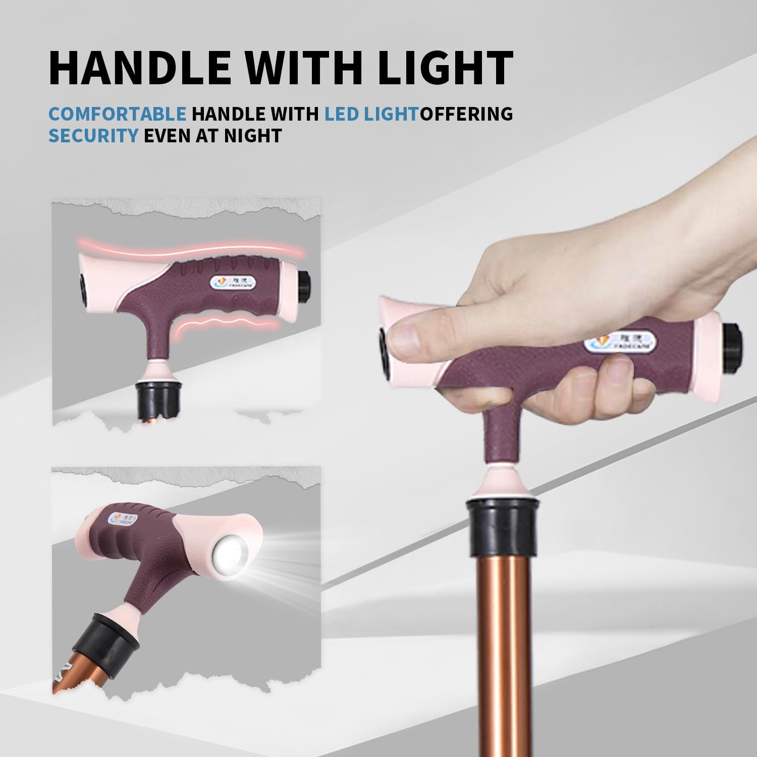 Folding Stool with LED Light, Adjustable Walking Cane Seat, Portable Tripod Chair with Handle