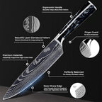 SENKEN 8-Piece Japanese Knife Set with Black Resin Handle and Laser Damascus Pattern - Onyx Collection - Chef's Knife, Santoku Knife, Bread Knife, Paring Knife, & More
