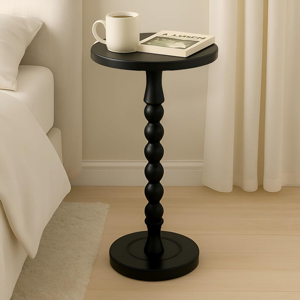 Round Side Table for Small Spaces, Drink Table with Oak Wood Pedestal, Modern End Table Nightstand for Living Room, Bedroom, Office, and Corners, Tool-Free Assembly, Black
