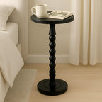 Round Side Table for Small Spaces, Drink Table with Oak Wood Pedestal, Modern End Table Nightstand for Living Room, Bedroom, Office, and Corners, Tool-Free Assembly, Black