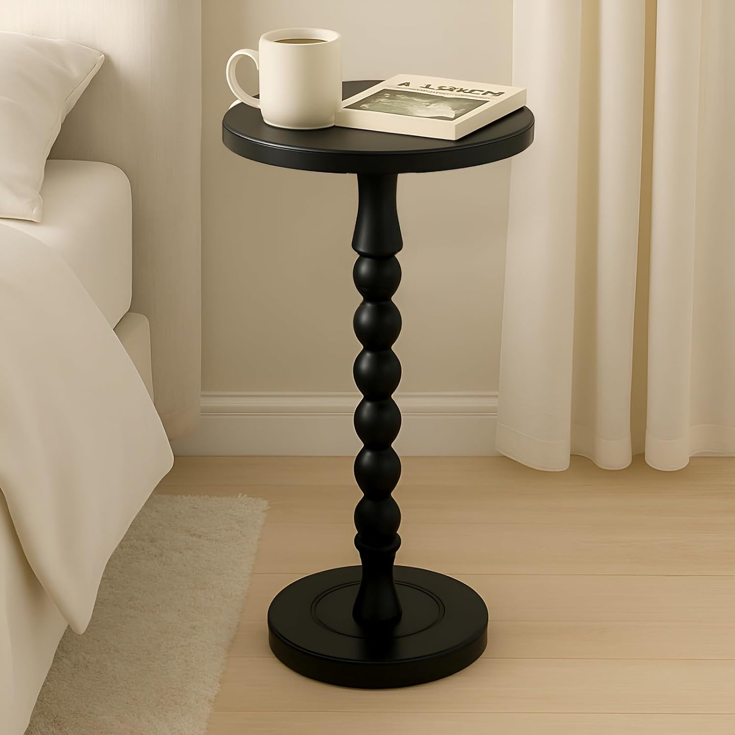Round Side Table for Small Spaces, Drink Table with Oak Wood Pedestal, Modern End Table Nightstand for Living Room, Bedroom, Office, and Corners, Tool-Free Assembly, Black