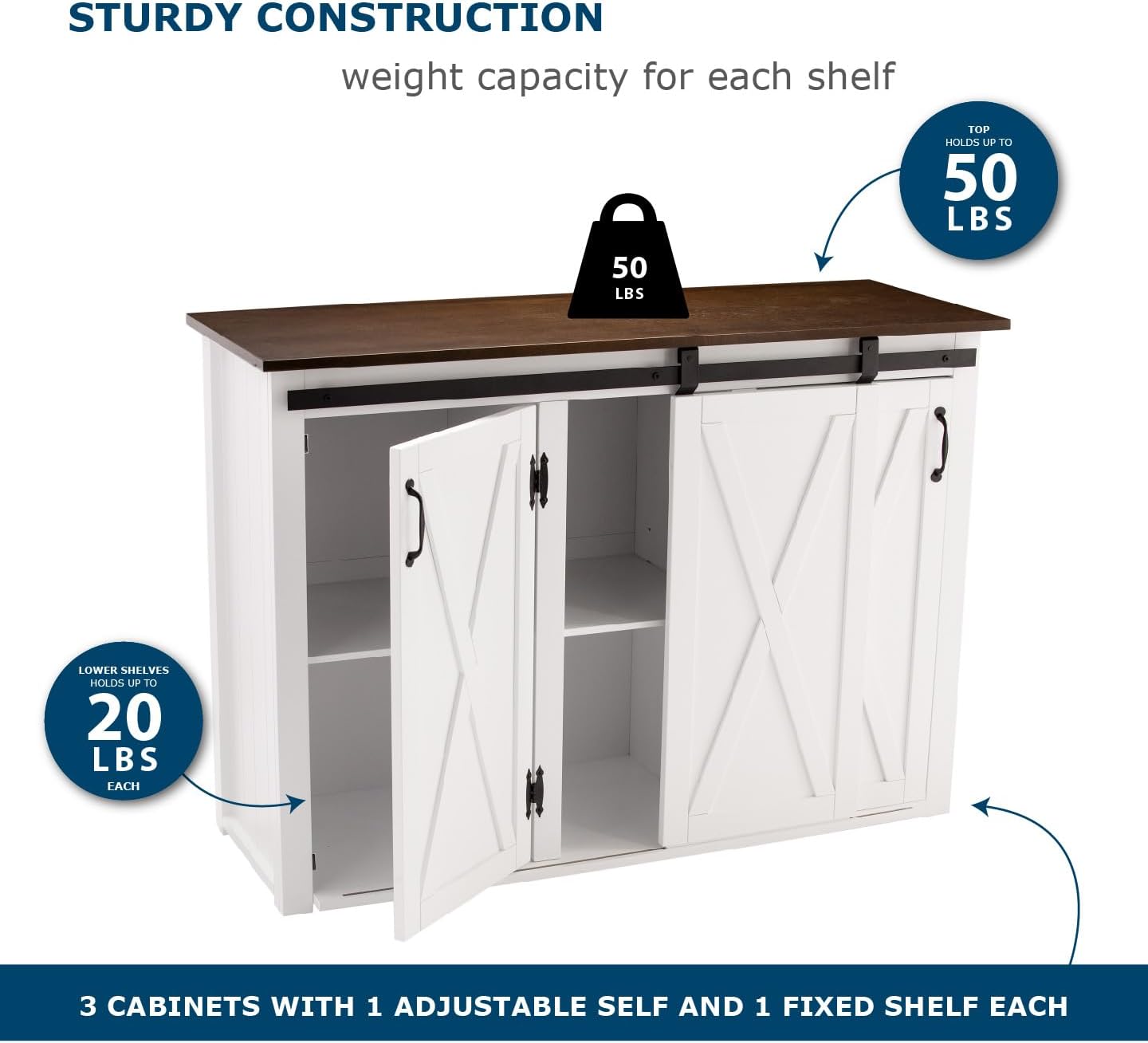 SEI Furniture - Leshire Barn-Door Kitchen Island - Transitional Design, Brown Finish - Ideal for Kitchen, Dining Room (KA1068861)
