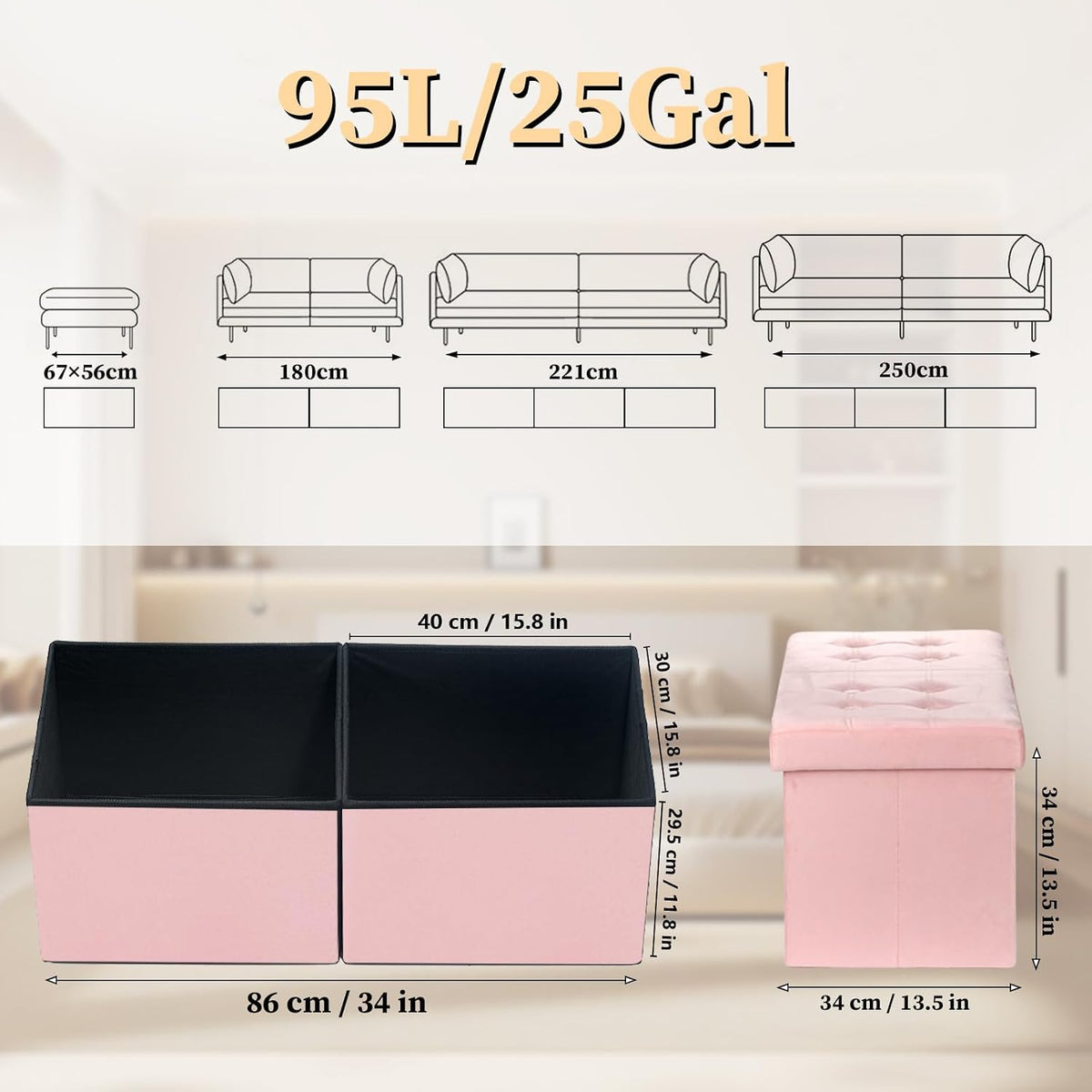 Bsketa Storage Ottoman Bench, 34" Folding Velvet Foot Rest Stool, Pink | Large Ottoman with Storage, Thicker Foam Padded Seat, Livingroom, Dorm, Bedroom, Easy to install, 86L,34 x 13 x 13in