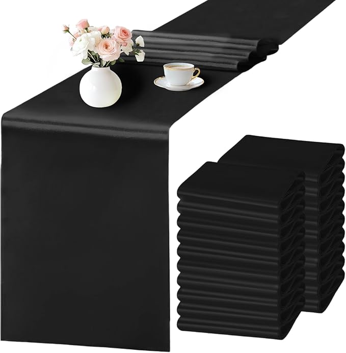 SHEJIZE 20 Pack Black Satin Table Runner 12x108 Inches Long, Bright Silky Smooth Satin Table Runner Table Decor for Wedding Banquet Christmas Prom Event Birthday Party
