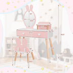 INFANS Kids Vanity Set, 2 in 1 Wooden Princess Makeup Table and Chair with Mirror Storage Drawers Shelf, for Little Girls, Rabbit Themed Toddler Dressing Desk Beauty Play Set Gift