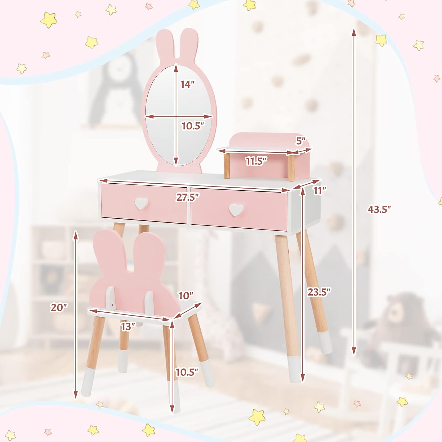INFANS Kids Vanity Set, 2 in 1 Wooden Princess Makeup Table and Chair with Mirror Storage Drawers Shelf, for Little Girls, Rabbit Themed Toddler Dressing Desk Beauty Play Set Gift