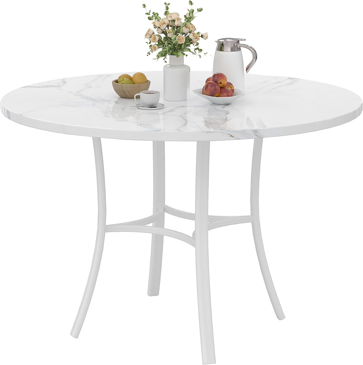 VECELO 36" Round Dining Table for 4, Faux Marble Dinette with Metal Frame for Kitchen, Apartment, Home, Space-Saving, White